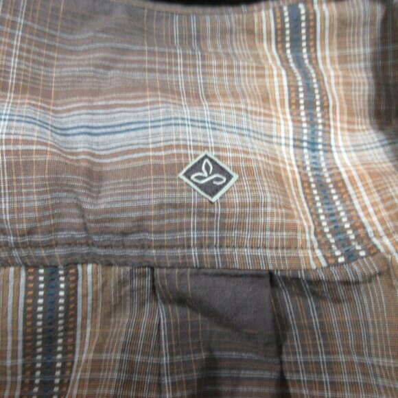 prAna mens Broderick Scorched brown beige blue plaid Organic button shirt S NWT - Picture 5 of 5